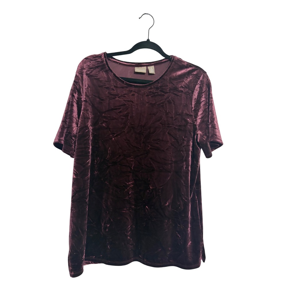 Chico's‎ Top Crushed Velvet Plum Short Sleeve Stretch Size 2 L Luxe Holiday